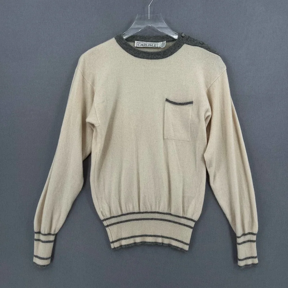 CARLISLE Sweater Womens L Cream Gray 100% Cashmere Vintage Long Sleeve Crew Neck - Picture 1 of 8